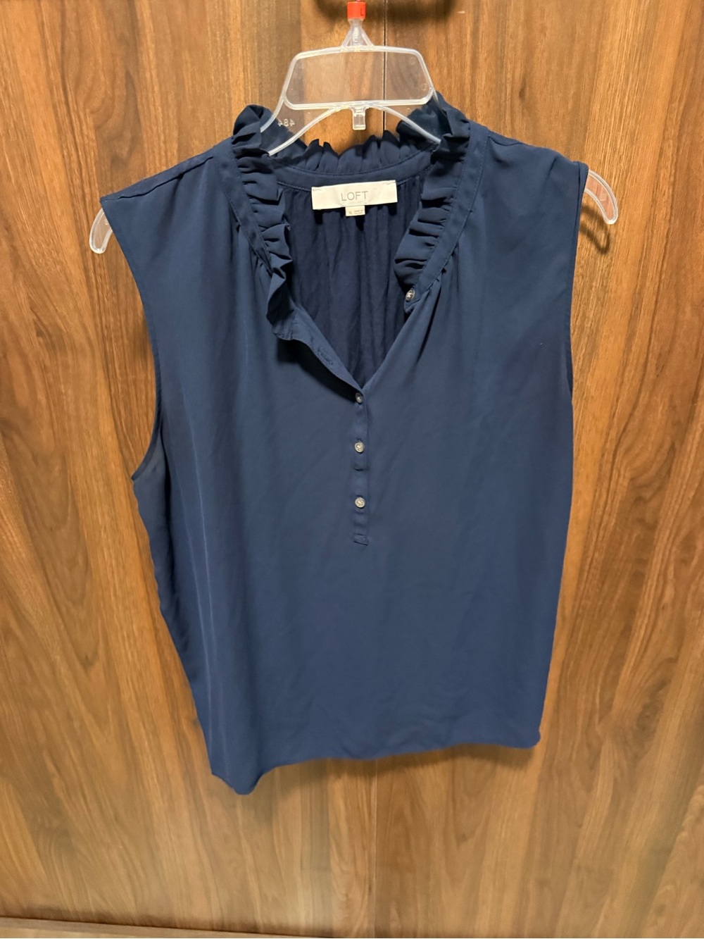 LOFT Navy Sleeveless Ruffle Henley Top, Size XL